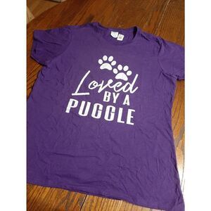 New XL Purple White Loved By A Puggle Port & Co Cotton Short Sleeve Tee Tshirt T